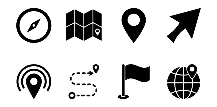 Navigation Icons: Compass, Map, Location Pin, Route, Flag, Globe, Cursor