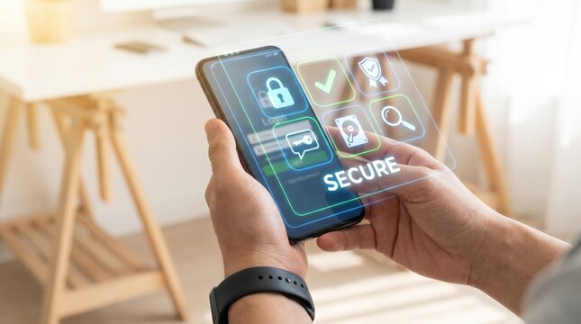 Cybersecurity Multi Factor Authentication Concept: Close Up of Hands Authorizing Secure Smartphone Login with Digital Armor Interface