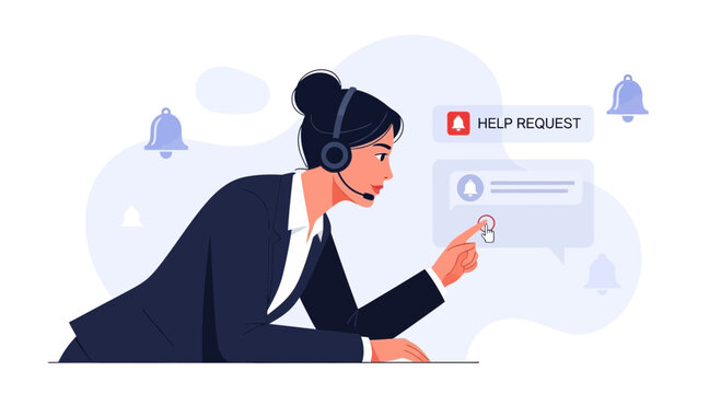 Customer service operator wearing headset, interacting with digital interface, help request notification