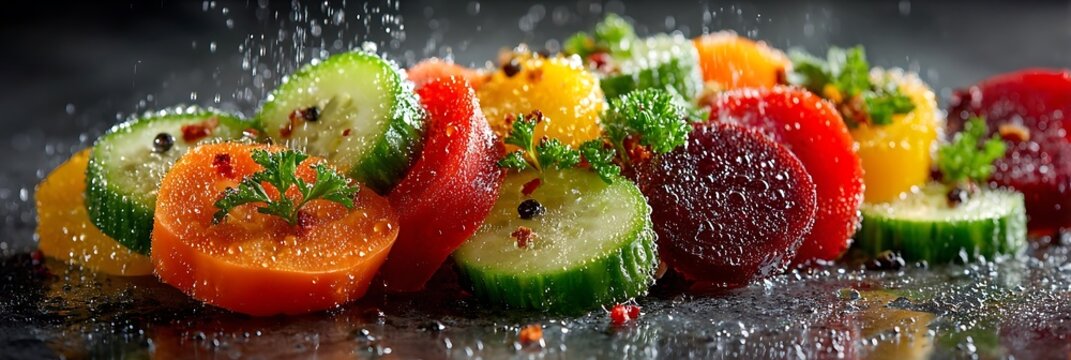 Fresh sliced vegetables including cucumber carrot and beet seasoned with herbs and water droplets on dark stone surface for healthy eating and professional culinary concept