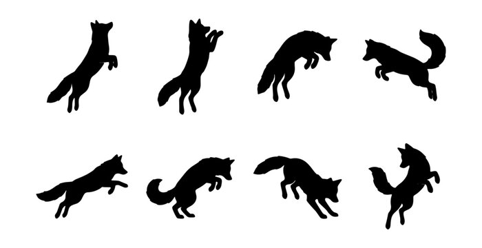 Dynamic Fox Silhouette Set, Jumping Animal Vector Icons, Wild Canine Action Poses, Black Wildlife Graphics