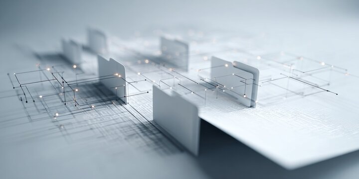 Abstract illustration of folders connected by network data lines on white surface