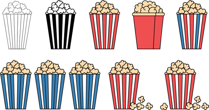 Colorful Popcorn Box Collection in Red, Blue, Black and Outline Styles Cinema Snack Flat Design Vector Illustration Set