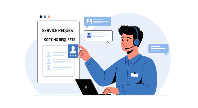 Customer service operator with headset sorting requests on laptop screen