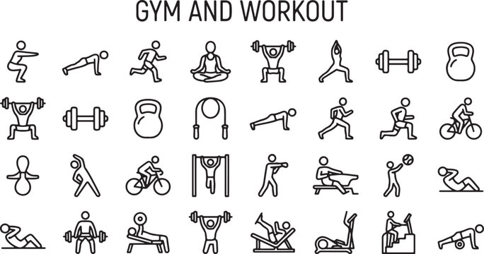 Flat line icons set of gym exercises and workout activities for fitness training