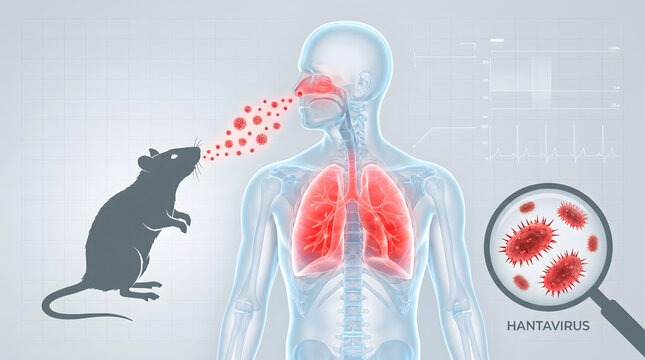 Rat releasing red particles toward human body showing hantavirus lung infection