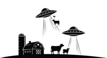 Alien UFOs Abducting Cows from Farm Silhouette © supri