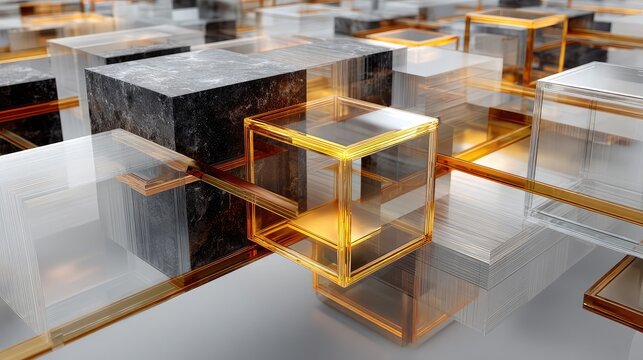 Golden geometric cube structure on reflective glass surface with architectural framework background