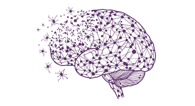 Abstract brain dissolving into particles, neural network concept, science illustration