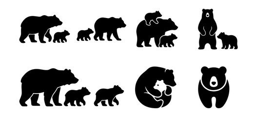Bear Family Silhouettes, Cute Cub Graphics, Wildlife Vector Icons © Shakil