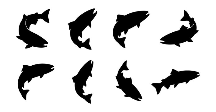 Salmon Silhouettes Collection, Jumping Fish Vector Icons, Aquatic Wildlife Graphics