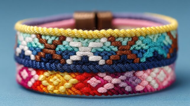 Colorful handwoven friendship bracelets set on neutral background minimal style
