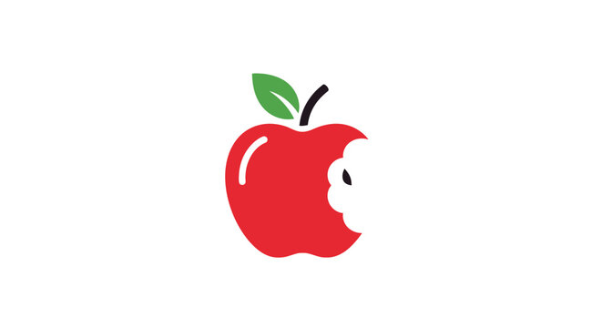 Minimalistic illustration of a bitten red apple with green leaf and black stem design