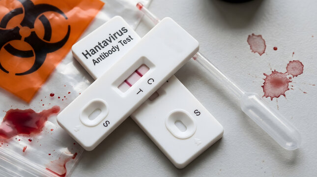 Hantavirus antibody test kit with blood sample and biohazard bag on surface