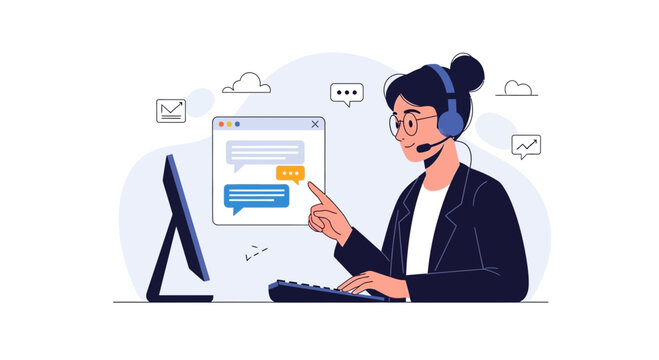 Customer support operator with headset and computer, chat interface and icons.