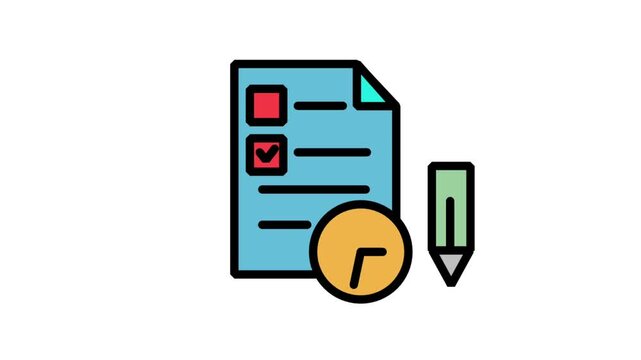 Survey document icon with checkmarks. Animated survey document icon with checkmarks, pencil, and clock representing time efficient audit.
