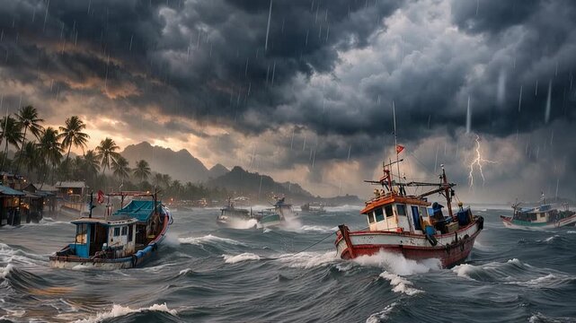 Dramatic fishing boats battling powerful ocean storm with dark clouds and dangerous sea waves