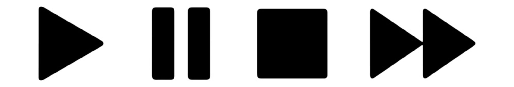 Play, Pause, Stop, Fast Forward Icons: Black Vector Controls for Media and UI