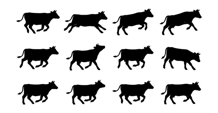 Cow Silhouette Animation Frames, Livestock Movement Sequence, Farm Animal Vector Icons