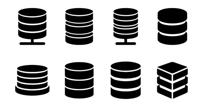 Database Icons Set, Data Storage Symbols, Server Stack Vector Graphics, Cloud Computing Icons