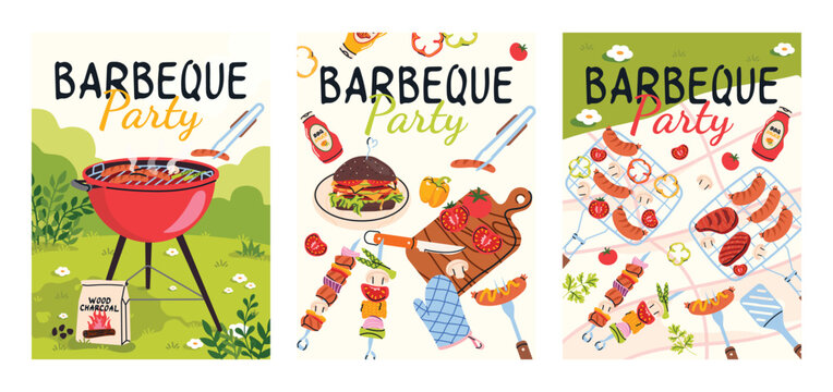 Barbecue party invitation poster set with grill food, burgers, sausages and barbecue tools. Summer picnic flyer collection in trendy cartoon flat style. Fun outdoor bbq templates for party invitations