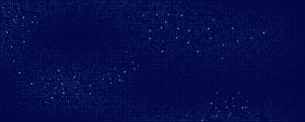 Fototapeta premium Digital glowing pixels matrix pattern on dark blue background. Abstract backdrop of glittering dots for FinTech presentation, blockchain or data scientist concept. Vector illustration.