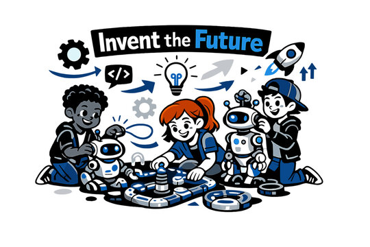 Futuristic STEM Playtime. STEM playtime. Kids building futuristic robots and magnetic circuits glowing with
