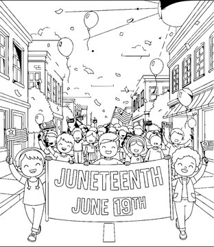 Diverse children celebrating Juneteenth in a festive street parade