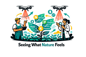 Fototapeta premium Crop health monitoring. Drones projecting infrared light over plants while holographic