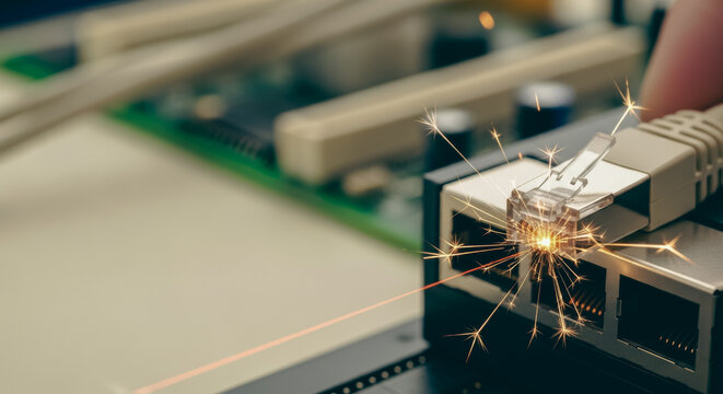Ethernet Network Cable Connector Plugging into a Switch Port with Sparks Representing High Speed Data and Electrical Failure