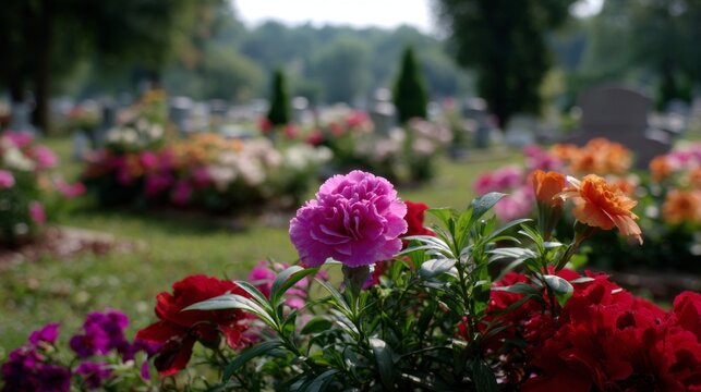 Colorful flowers bloom in a serene cemetery garden under bright sunlight. The scene captures a calm moment filled with beauty and remembrance, inviting quiet reflection