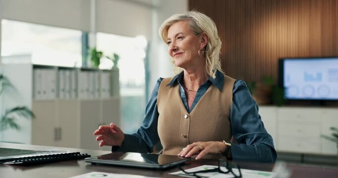 Laptop, relax and businesswoman in office with research for completed finance report with budget. Happy, calm and mature financial manager with hands on head for computer for finished proposal.