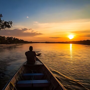 Lone figure rows a boat on a wide river at sunset