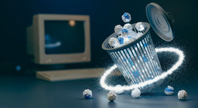 Glowing Floating Digital Trash Bin with Crumpled Paper Balls in an Office Setting Representing Data Cleaning and System Maintenance