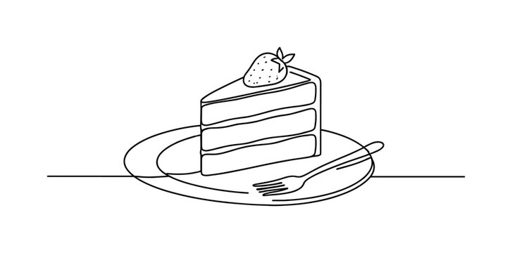 Image Generation. Dishes Dessert. Minimalistic one-line drawing slice of cake on a plate with a small fork