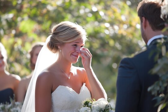 Bride crying during outdoor wedding ceremony embraced by natural light and intense emotional moments