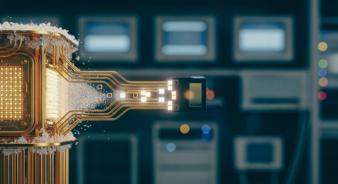 Quantum Processor Unit with Golden Circuitry in Laboratory representing Advanced Supercomputing and Data Processing Power