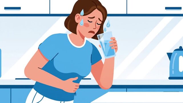 Woman Experiencing Abdominal Pain in Kitchen Preparing to Drink Water with Painful Expression