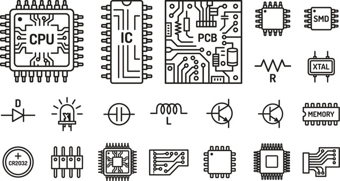 Electronic components and circuit symbols in black and white style
