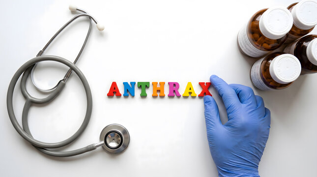 Gloved hand placing colorful anthrax letter tile beside stethoscope and medicine bottle