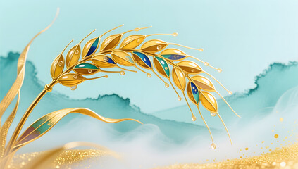 Fototapeta premium Xiaoman solar term golden wheat ears natural illustration