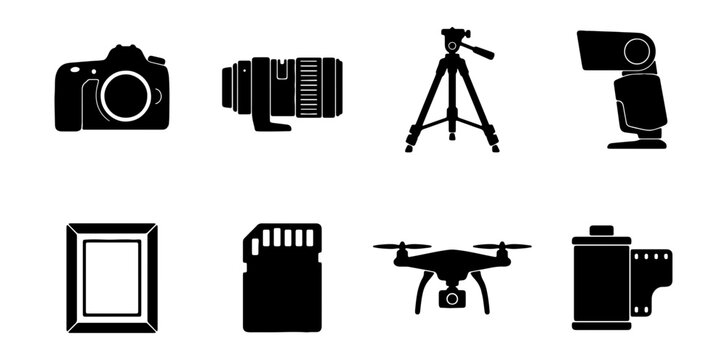 Photography Equipment Icons: Camera, Lens, Drone, Tripod, Flash, SD Card, Film