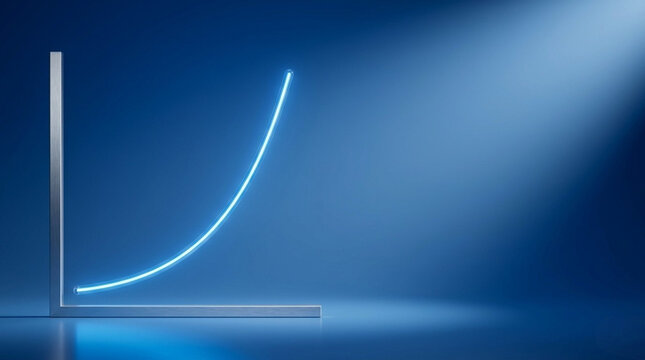 Glowing blue exponential growth curve on a financial chart representing business success and market increase