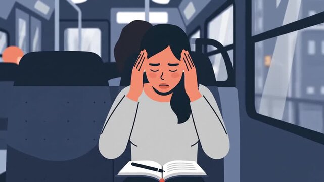 Woman Experiencing Emotional Distress While Commuting On The Bus In An Illustrationstyle
