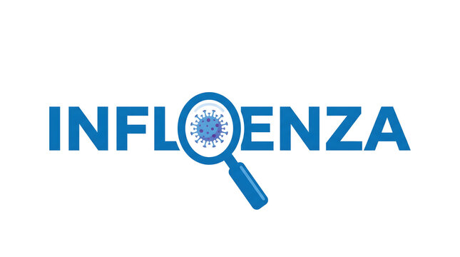 Influenza text with magnifying glass and virus particle on white background