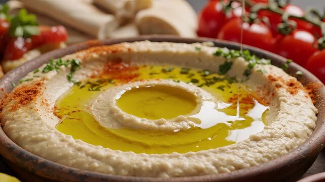 Delicious Hummus Dip with Olive Oil and Paprika in a Rustic Bowl.