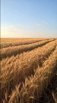 A moving shot showing a golden wheat field under a blue sky, illustrating agriculture and harvest season. Looped video.