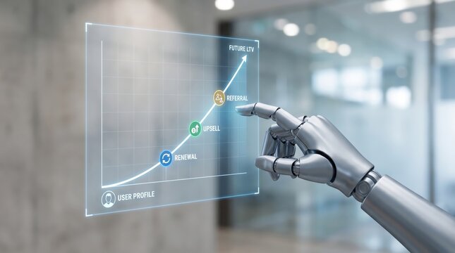 Customer Lifetime Value and Growth Concept: Robotic Hand Interacting with Holographic Chart for Business Retention and Expansion