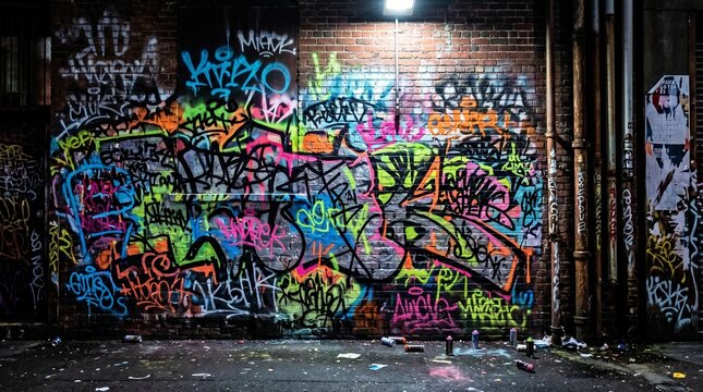 A nighttime alley wall covered in colorful graffiti tags and phrases like "RUSH 203", "KOSHA", "STAY WILD", "NEON SHOCK", and "URBAN REBEL". The graffiti uses bright neon colors&mdash;pink, green, orange, b
