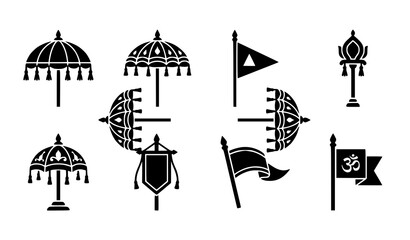 Fototapeta premium Traditional Indian ceremonial umbrella and flag silhouette vector set for festival and heritage design